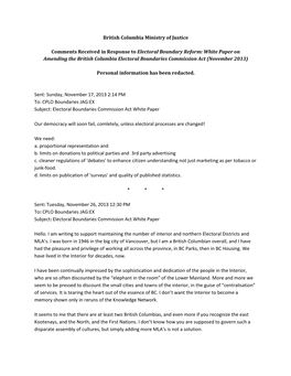 Comments Received in Response to Electoral Boundary Reform: White Paper on Amending the British Columbia Electoral Boundaries Commission Act (November 2013)