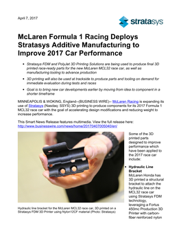 Mclaren Formula 1 Racing Deploys Stratasys Additive Manufacturing to Improve 2017 Car Performance