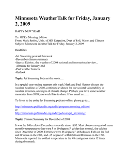 Minnesota Weathertalk for Friday, January 2, 2009