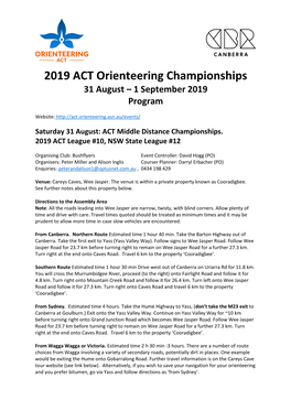 2019 ACT Orienteering Championships 31 August – 1 September 2019 Program