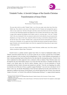 Toledoth Yeshu: a Jewish Critique of the Gentile Christian Transformation of Jesus Christ