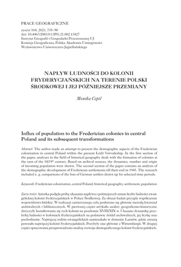 Napływ Ludności Do Kolonii Fryderycjańskich Na Terenie Polski Środkowej I Jej Późniejsze Przemiany
