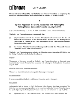 Update Report on the Costs Associated with Policing the Rolling Stones Concert in Toronto on July 30, 2003