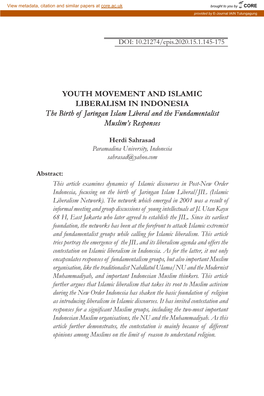 YOUTH MOVEMENT and ISLAMIC LIBERALISM in INDONESIA the Birth of Jaringan Islam Liberal and the Fundamentalist Muslim’S Responses