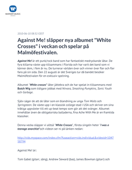 Against Me! Släpper Nya Albumet "White Crosses" I Veckan Och Spelar På Malmöfestivalen
