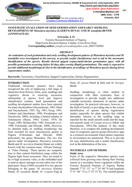 SYSTEMATIC EVALUATION of SEED GERMINATION and EARLY SEEDLING DEVELOPMENT of Monodora Myristica (GAERTN) DUNAL and M