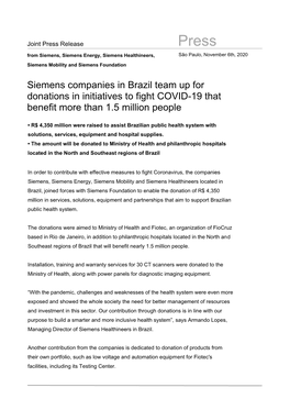 Siemens Companies in Brazil Team up for Donations in Initiatives to Fight COVID-19 That Benefit More Than 1.5 Million People