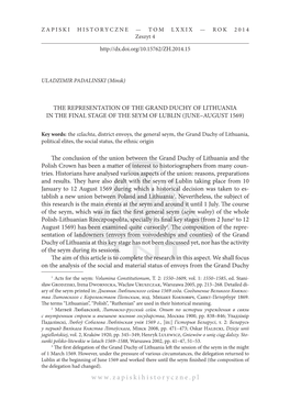 The Representation of the Grand Duchy of Lithuania in the Final Stage of the Seym of Lublin (June–August 1569)