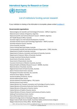 List of Institutions Funding Cancer Research