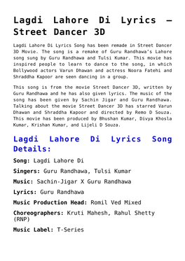 Lagdi Lahore Di Lyrics – Street Dancer 3D