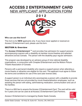 Access 2 Entertainment Card New Applicant Application Form 2 0 1 2 Access