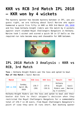 KKR Vs RCB 3Rd Match IPL 2018 – KKR