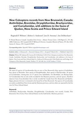 Anthribidae, Brentidae, Dryophthoridae, Brachyceridae, and Curculionidae, with Additions to the Fauna of Quebec, Nova Scotia and Prince Edward Island