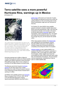 Terra Satellite Sees a More Powerful Hurricane Rina, Warnings up in Mexico 25 October 2011