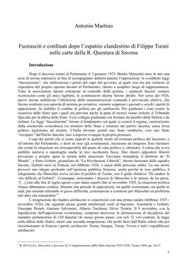 Antonio Martino Fuorusciti E Confinati Dopo L'espatrio Clandestino Di Filippo Turati Nelle Carte Della R. Questura Di Savona