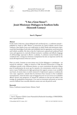 “I Am a Great Sinner”: Jesuit Missionary Dialogues in Southern India (Sixteenth Century)