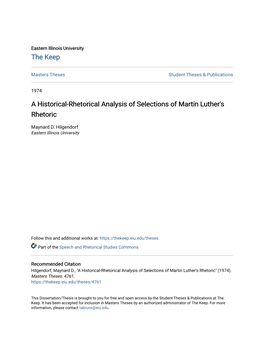 A Historical-Rhetorical Analysis of Selections of Martin Luther's Rhetoric