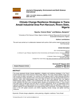 Climate Change Resilience Strategies in Trans Amadi Industrial Area Port Harcourt, Rivers State, Nigeria