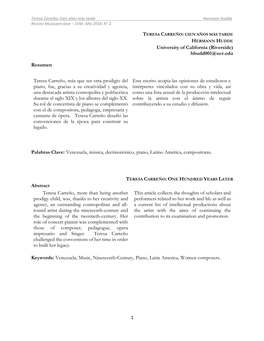 University of California (Riverside) Hhudd001@Ucr.Edu Resumen Palabras Clave: Venezuela, Música, Decimonónico, Piano, Latino A