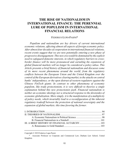 The Rise of Nationalism in International Finance: the Perennial Lure of Populism in International Financial Relations