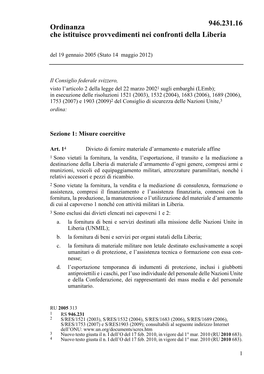 Ordinanza Che Istituisce Provvedimenti Nei Confronti Della Liberia Del 19 Gennaio 2005 (Stato 14 Maggio 2012)