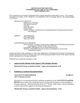 Minutes of the Meeting Commission on Chicago Landmarks September 6, 2012