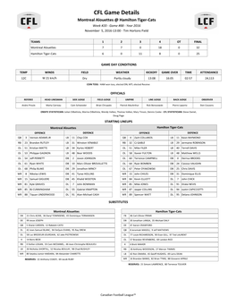 CFL Game Details Montreal Alouettes @ Hamilton Tiger-Cats Week #20 - Game #88 - Year 2016 November 5, 2016-13:00 - Tim Hortons Field