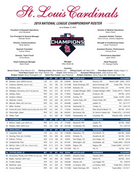 2019 NATIONAL LEAGUE CHAMPIONSHIP ROSTER As of October 11, 2019 President of Baseball Operations Director of Medical Operations John Mozeliak Adam Olsen