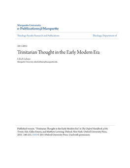 Trinitarian Thought in the Early Modern Era Ulrich Lehner Marquette University, Ulrich.Lehner@Marquette.Edu