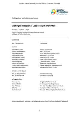 Wellington Regional Leadership Committee 1 July 2021, Order Paper - Front Page