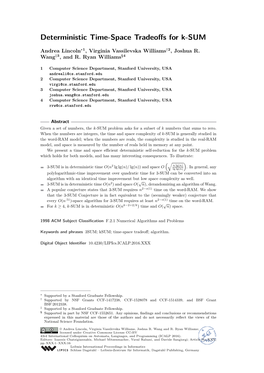 Deterministic Time-Space Tradeoffs for K-SUM