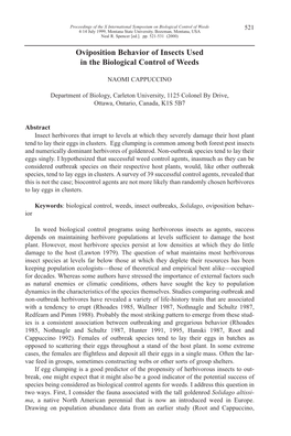 Oviposition Behavior of Insects Used in the Biological Control of Weeds