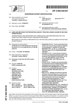 Uses and Methods for Preventing And/Or Treating Caries Caused by Mutans Streptococci