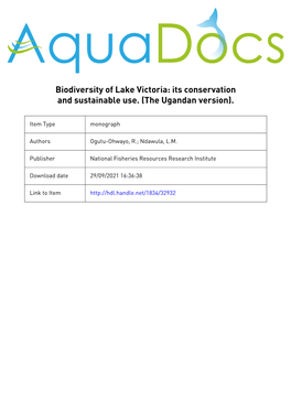 Biodiversity of Lake Victoria: Its Conservation and Sustainable Use