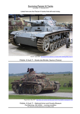 Surviving Panzer III Tanks Last Update : 31 December 2016