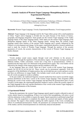 Acoustic Analysis of Western Yugur Language Monophthong Based on Experimental Phonetics