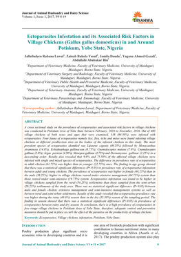 Ectoparasites Infestation and Its Associated Risk Factors in Village Chickens (Gallus Gallus Domesticus) in and Around Potiskum, Yobe State, Nigeria