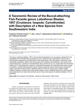 A Taxonomic Review of the Buccal-Attaching Fish Parasite Genus Lobothorax Bleeker, 1857 (Crustacea: Isopoda: Cymothoidae) with D