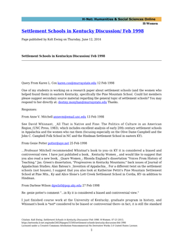 Settlement Schools in Kentucky Discussion/ Feb 1998