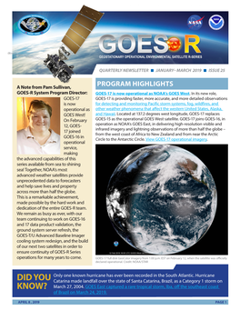 GOES-R Series Program Quarterly Newsletter, January – March 2019