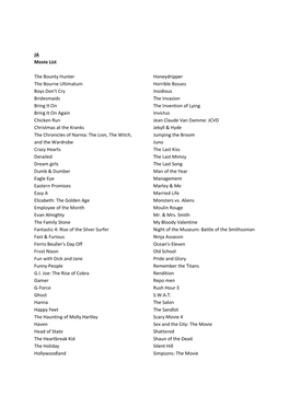 JA Movie List the Bounty Hunter the Bourne Ultimatum Boys Don't Cry Bridesmaids Bring It on Bring It on Again Chicken Run Christ