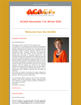 ACASA Newsletter 114, Winter 2020 Welcome from the ACASA