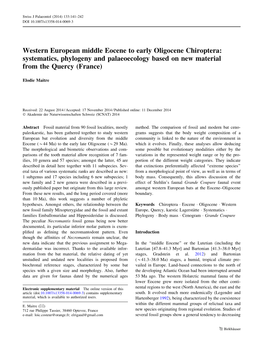 Western European Middle Eocene to Early Oligocene Chiroptera: Systematics, Phylogeny and Palaeoecology Based on New Material from the Quercy (France)