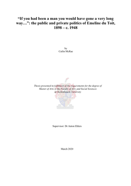 “If You Had Been a Man You Would Have Gone a Very Long Way…”: the Public and Private Politics of Emeline Du Toit, 1898 – C