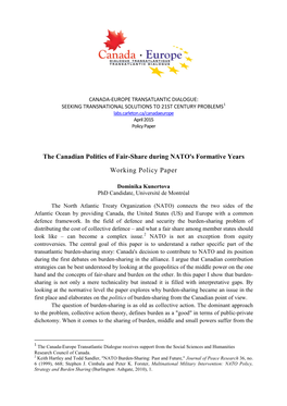 The Canadian Politics of Fair-Share During NATO's Formative Years Working Policy Paper