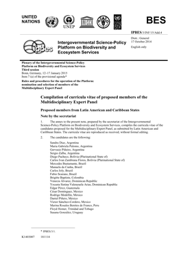 Intergovernmental Science-Policy Platform on Biodiversity and Ecosystem Services Compilation of Curricula Vitae of Proposed Memb