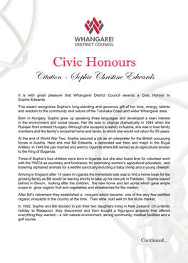 Civic Honours Citation – Sophie Christine Edwards