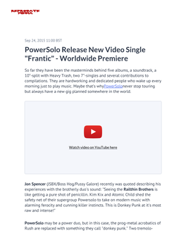 Powersolo Release New Video Single "Frantic" - Worldwide Premiere
