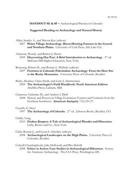 HANDOUT 8E & 8F – Archaeological Practice in Colorado Suggested Reading on Archaeology and Natural History Ahler, Stanley