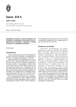 Innst. 418 S (2015–2016) Innstilling Til Stortinget Fra Utenriks- Og Forsvarskomiteen